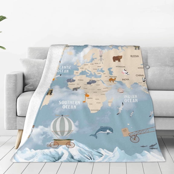 Fleece Throw Blanket Animals Travel World Map Print Reversible Plush Fluffy Large Big Blanket for Sofa Couch Bed-40"x30"