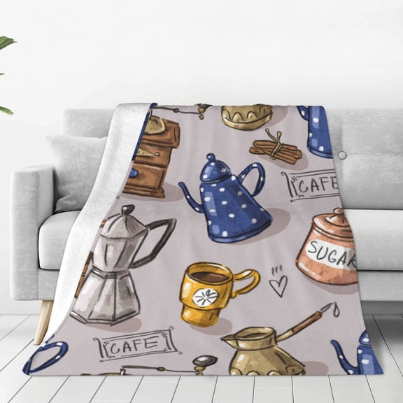 Fleece Throw Blanket Antique Vintage Teapot Coffee Grinder Print Reversible Plush Fluffy Large Big Blanket for Sofa Couch Bed-40"x30"
