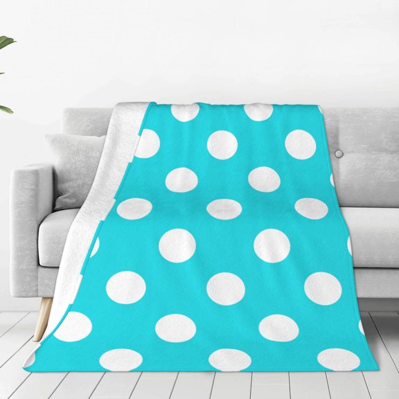Fleece Throw Blanket Aqua And White Polka Dot Print Reversible Plush Fluffy Large Big Blanket for Sofa Couch Bed-40"x30"