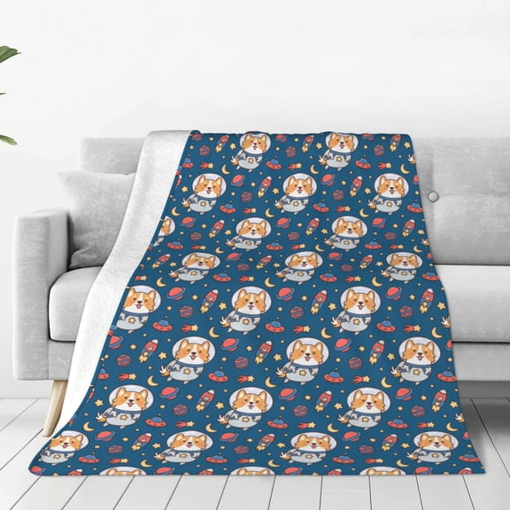 Fleece Throw Blanket Astronaut Corgi Dog Print Reversible Plush Fluffy Large Big Blanket for Sofa Couch Bed-40"x30"