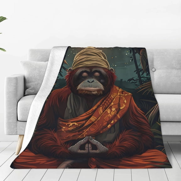 Fleece Throw Blanket Banana Leaf Meditating Gorilla Print Reversible Plush Fluffy Large Big Blanket for Sofa Couch Bed-50"x40"