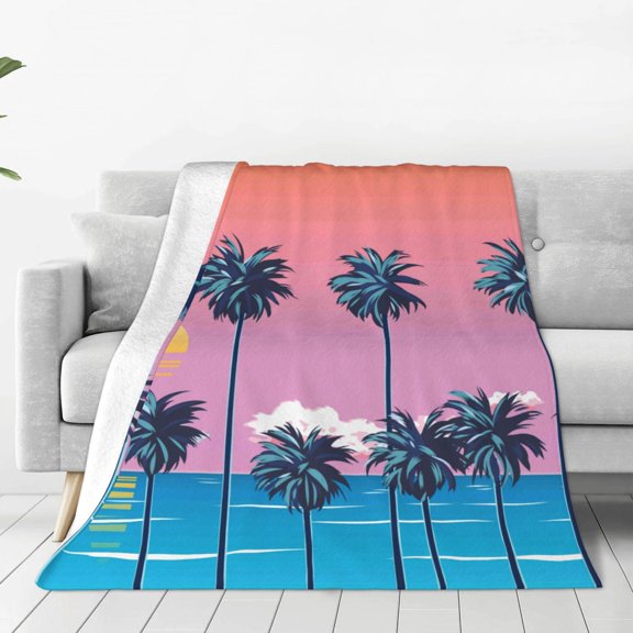 Fleece Throw Blanket Beach with Palm Trees Print Reversible Plush Fluffy Large Big Blanket for Sofa Couch Bed-40"x30"