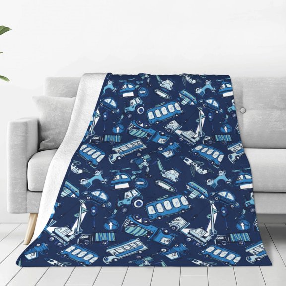 Fleece Throw Blanket Blue Bus Print Reversible Plush Fluffy Large Big Blanket for Sofa Couch Bed-40"x30"