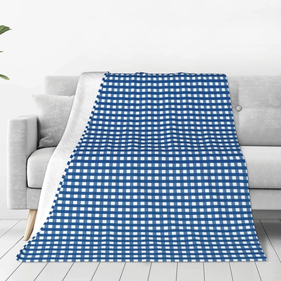 Fleece Throw Blanket Blue Gingham Print Reversible Plush Fluffy Large Big Blanket for Sofa Couch Bed-40"x30"