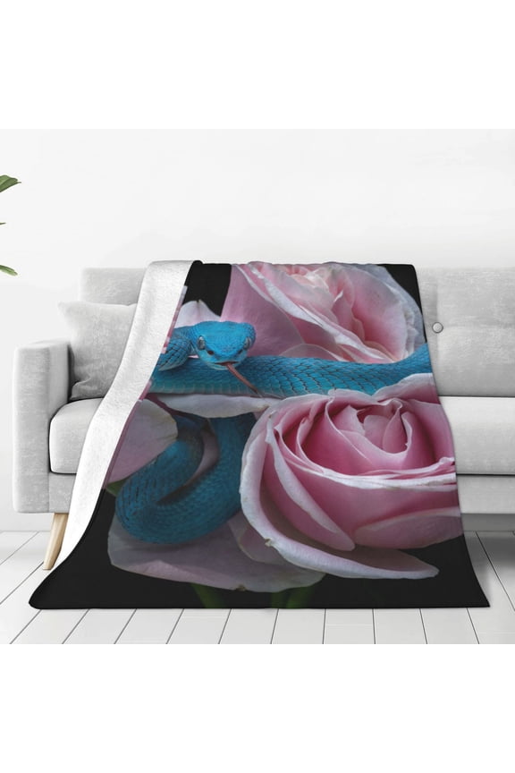 Fleece Throw Blanket Blue Lipped Pit Viper And Three Pink Roses Print Reversible Plush Fluffy Large Big Blanket for Sofa Couch Bed-40"x30"