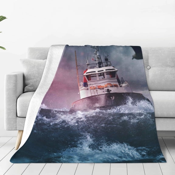 Fleece Throw Blanket Boat Lighthouse Storm Waves Print Reversible Plush Fluffy Large Big Blanket for Sofa Couch Bed-40"x30"