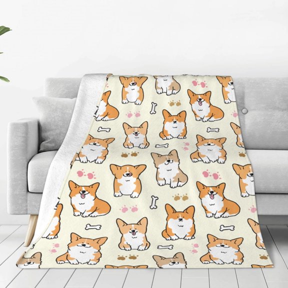 Fleece Throw Blanket Cartoon Corgi Print Reversible Plush Fluffy Large Big Blanket for Sofa Couch Bed-40"x30"