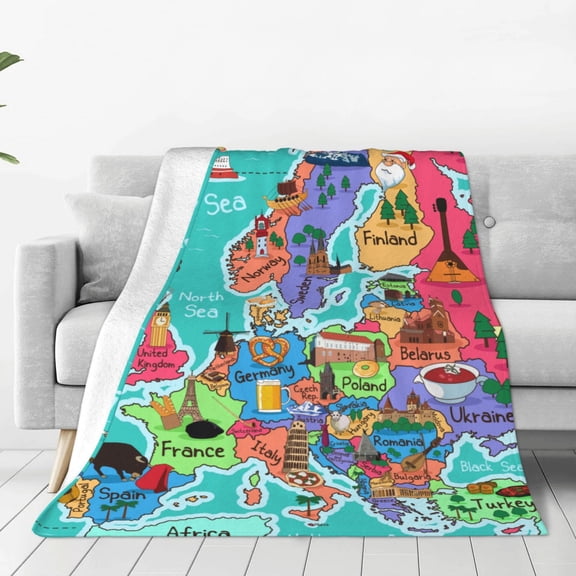 Fleece Throw Blanket Cartoon Map Of Europe Print Reversible Plush Fluffy Large Big Blanket for Sofa Couch Bed-40"x30"