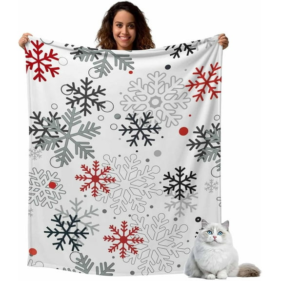 Fleece Throw Blanket,Christmas Snowflakes White Red Winter Falling Snow Seamless Lightweight Warm Coverlet Cozy Soft Flannel Blankets for Couch Bed Sofa Camping for All Seasons Blanket 50x60In