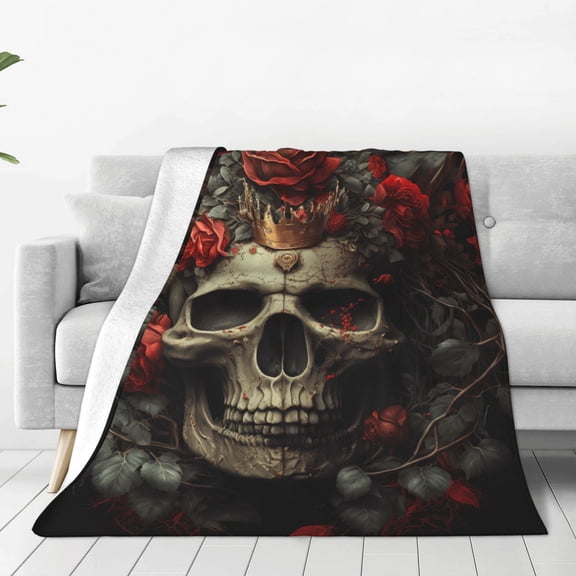 Fleece Throw Blanket Classical Rose Crown Skull Print Reversible Plush Fluffy Large Big Blanket for Sofa Couch Bed-40"x30"