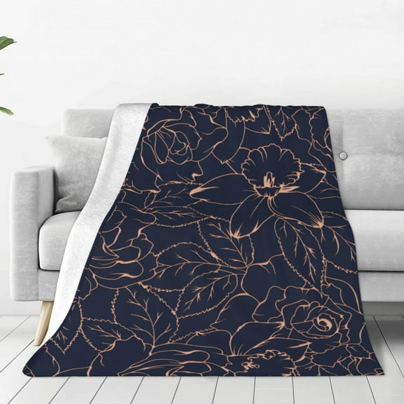Fleece Throw Blanket Copper-Gold Gloss Outline Flower Print Reversible Plush Fluffy Large Big Blanket for Sofa Couch Bed-40"x30"