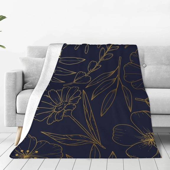 Fleece Throw Blanket Copper-Gold Gloss Outline Flower Print Reversible Plush Fluffy Large Big Blanket for Sofa Couch Bed-50"x40"