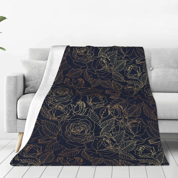 Fleece Throw Blanket Copper-Gold Gloss Outline Rose Print Reversible Plush Fluffy Large Big Blanket for Sofa Couch Bed-40"x30"