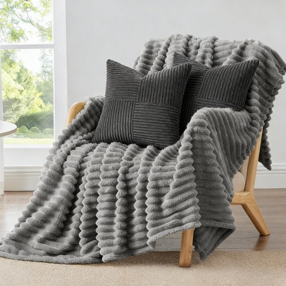 Fleece Throw Blanket & Corduroy Pillow Set – Cream White 50"x60" Fluffy Striped with 18x18 Inserts & Covers