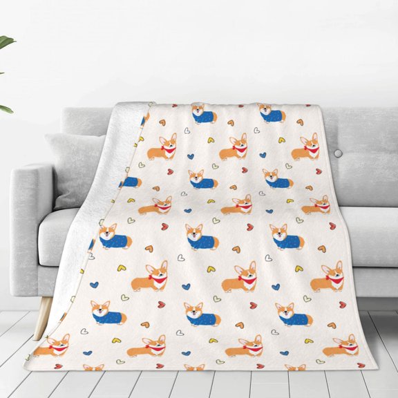 Fleece Throw Blanket Corgi Dog And Heart Print Reversible Plush Fluffy Large Big Blanket for Sofa Couch Bed-40"x30"
