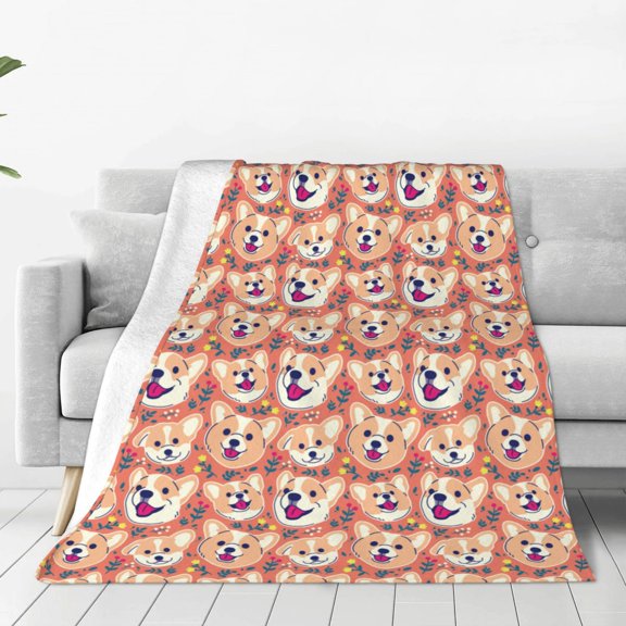 Fleece Throw Blanket Corgi Head with Floal Print Reversible Plush Fluffy Large Big Blanket for Sofa Couch Bed-40"x30"