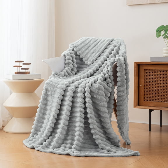 Fleece Throw Blanket, 3D Ribbed Jacquard Fleece Flannel Blanket Cozy, Fluffy, Plush Lightweight Throw Blankets for Couch & Bed(Light Gray,59x79 Inch)