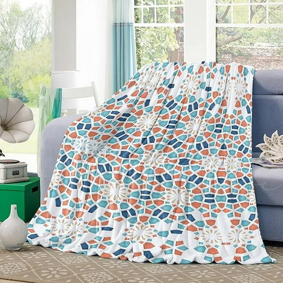 Fleece Throw Blanket For Couch Flannel Bed Blankets Abstract Geometric Vintage Blue Orange Splicing Circle Fuzzy Warm Plush Throws Soft Cozy Blanket For Sofa Travel Camping 40" x 50"