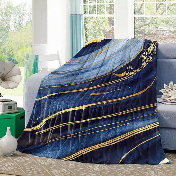 Fleece Throw Blanket For Couch Flannel Lightweight Bed Blankets Natural Blue Marble Stone With Gold Lines Fuzzy Warm Plush Throws Soft Cozy Blanket For Sofa Travel Camping 50" x 60"