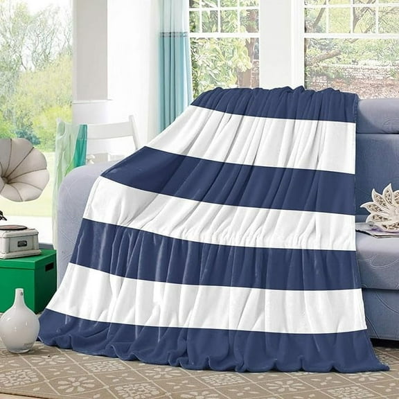Fleece Throw Blanket For Couch Flannel Lightweight Bed Blankets Nautical Navy Blue And White Stripe Fuzzy Warm Plush Throws Super Soft Cozy Blanket For Sofa Travel Camping 30" x 40"