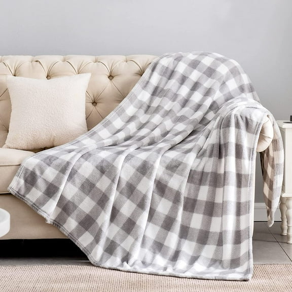 Fleece Throw Blanket for Couch Sofa Bed, Buffalo Plaid Decor Grey and White Checkered Blanket, Cozy Fuzzy Soft Lightweight Warm Blankets for All Seasons