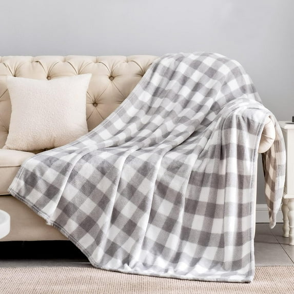 Fleece Throw Blanket for Couch Sofa Bed, Buffalo Plaid Decor Grey and White Checkered Blanket, Cozy Fuzzy Soft Lightweight Warm Blankets for Winter and Spring