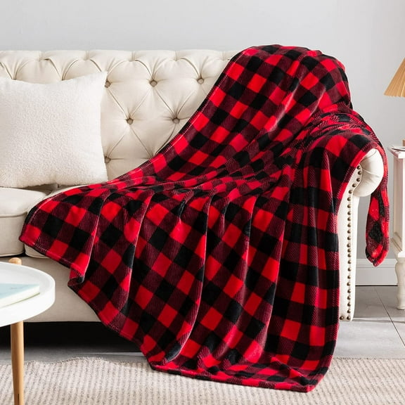 Fleece Throw Blanket for Couch Sofa Bed, Buffalo Plaid Decor Red and Black Checkered Blanket, Cozy Fuzzy Soft Lightweight Warm Blankets for All Seasons