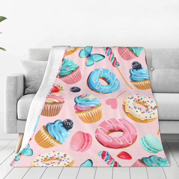Fleece Throw Blanket Cupcakes and Donuts Print Reversible Plush Fluffy Large Big Blanket for Sofa Couch Bed-40"x30"