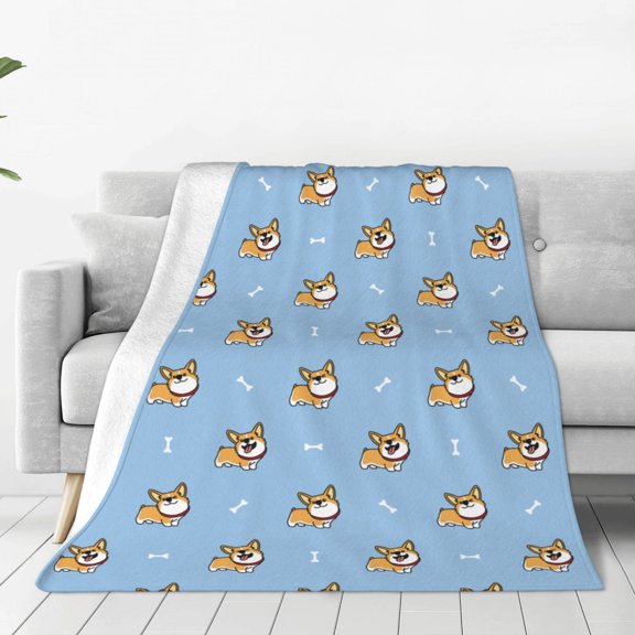Fleece Throw Blanket Cute Cartoon Corgi Print Reversible Plush Fluffy Large Big Blanket for Sofa Couch Bed-50"x40"