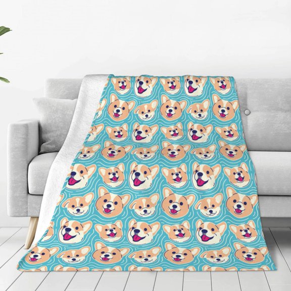 Fleece Throw Blanket Cute Corgi Head Print Reversible Plush Fluffy Large Big Blanket for Sofa Couch Bed-50"x40"