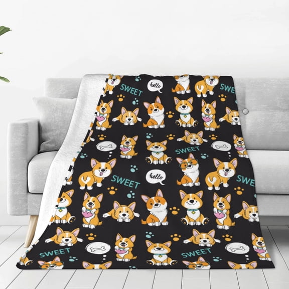 Fleece Throw Blanket Cute Dogs Corgi Print Reversible Plush Fluffy Large Big Blanket for Sofa Couch Bed-50"x40"