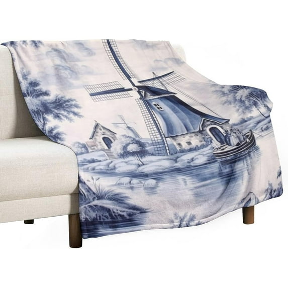 Fleece Throw Blanket Cute Vintage Dutch Windmill Sailboat Delft Blue Cozy Flannel Bed Blanket Countryside Culture Farming Dutch Holland Design Blanket 30"x40" for Couch Bed Sofa for Adults