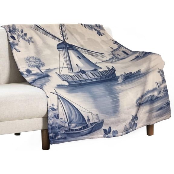 Fleece Throw Blanket Cute Vintage Dutch Windmill Sailboat Delft Blue Cozy Flannel Bed Blanket Countryside Culture Farming Dutch Holland Design Blanket 30"x40" for Couch Bed Sofa for Adults