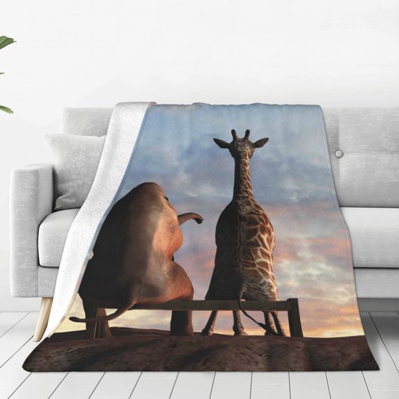 Fleece Throw Blanket Elephant Giraffe On A Mountain Top Sunset Print Reversible Plush Fluffy Large Big Blanket for Sofa Couch Bed-40"x30"