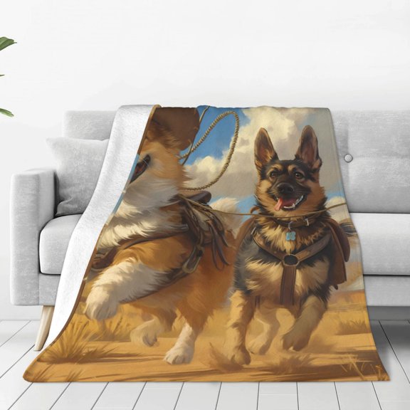 Fleece Throw Blanket Farm Corgi German Shepherd Print Reversible Plush Fluffy Large Big Blanket for Sofa Couch Bed-40"x30"