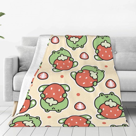 Fleece Throw Blanket Frog Hold Strawberry Print Reversible Plush Fluffy Large Big Blanket for Sofa Couch Bed-40"x30"