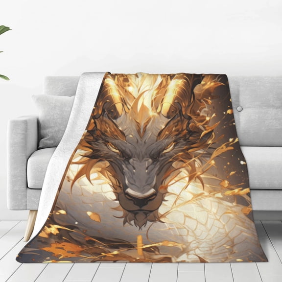 Fleece Throw Blanket Golden Horned White Dragon Print Reversible Plush Fluffy Large Big Blanket for Sofa Couch Bed-40"x30"