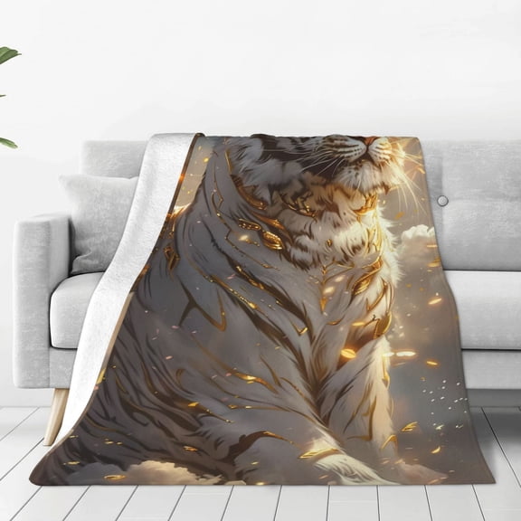Fleece Throw Blanket Golden White Tiger Print Reversible Plush Fluffy Large Big Blanket for Sofa Couch Bed-40"x30"