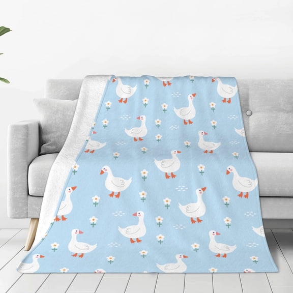 Fleece Throw Blanket Goose White Flowers Print Reversible Plush Fluffy Large Big Blanket for Sofa Couch Bed-50"x40"