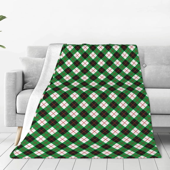Fleece Throw Blanket Green Argyle Plaid Print Reversible Plush Fluffy Large Big Blanket for Sofa Couch Bed-50"x40"