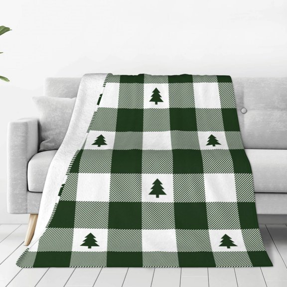 Fleece Throw Blanket Green White Christmas Tree Lumberjack Plaid Print Reversible Plush Fluffy Large Big Blanket for Sofa Couch Bed-40"x30"