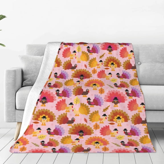 Fleece Throw Blanket Happy Thanksgiving Turkey Print Reversible Plush Fluffy Large Big Blanket for Sofa Couch Bed-40"x30"