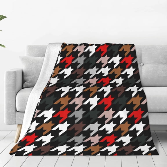 Fleece Throw Blanket Houndstooth Green Red Print Reversible Plush Fluffy Large Big Blanket for Sofa Couch Bed-40"x30"