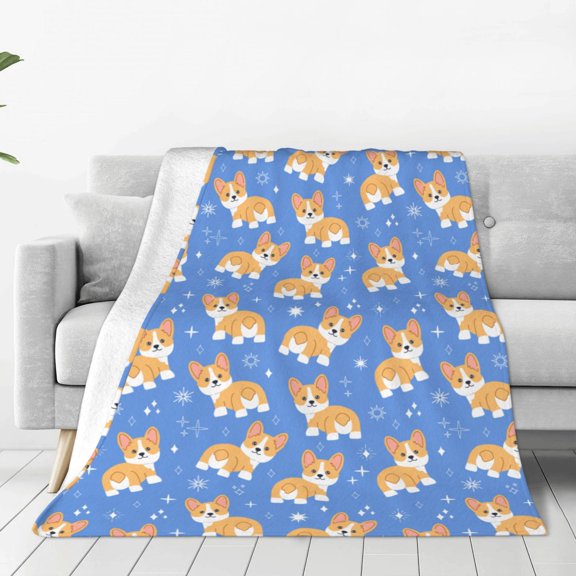 Fleece Throw Blanket Kawaii Corgi Print Reversible Plush Fluffy Large Big Blanket for Sofa Couch Bed-50"x40"