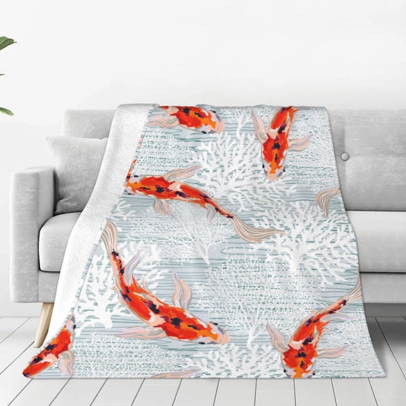 Fleece Throw Blanket Koi Fish Corals,Spring Summer Print Reversible Plush Fluffy Large Big Blanket for Sofa Couch Bed-40"x30"