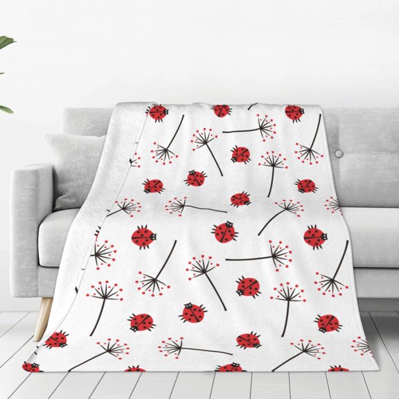 Fleece Throw Blanket Ladybug With Dandelion Print Reversible Plush Fluffy Large Big Blanket for Sofa Couch Bed-50"x40"