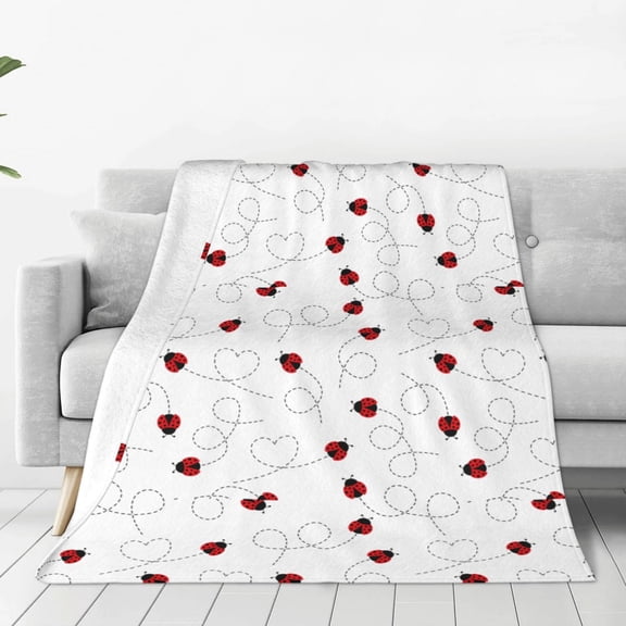 Fleece Throw Blanket Ladybugs Flying On Dotted Route Print Reversible Plush Fluffy Large Big Blanket for Sofa Couch Bed-40"x30"