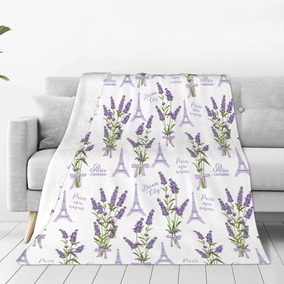 Fleece Throw Blanket Lavender Flowers Print Reversible Plush Fluffy Large Big Blanket for Sofa Couch Bed-40"x30"