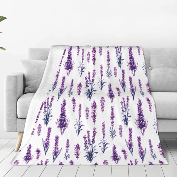 Fleece Throw Blanket Lavender Flowers Print Reversible Plush Fluffy Large Big Blanket for Sofa Couch Bed-40"x30"