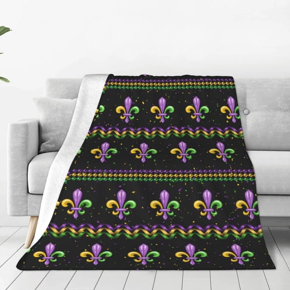 Fleece Throw Blanket Mardi Gras Fleur de Lis Print Reversible Plush Fluffy Large Big Blanket for Sofa Couch Bed-40"x30"